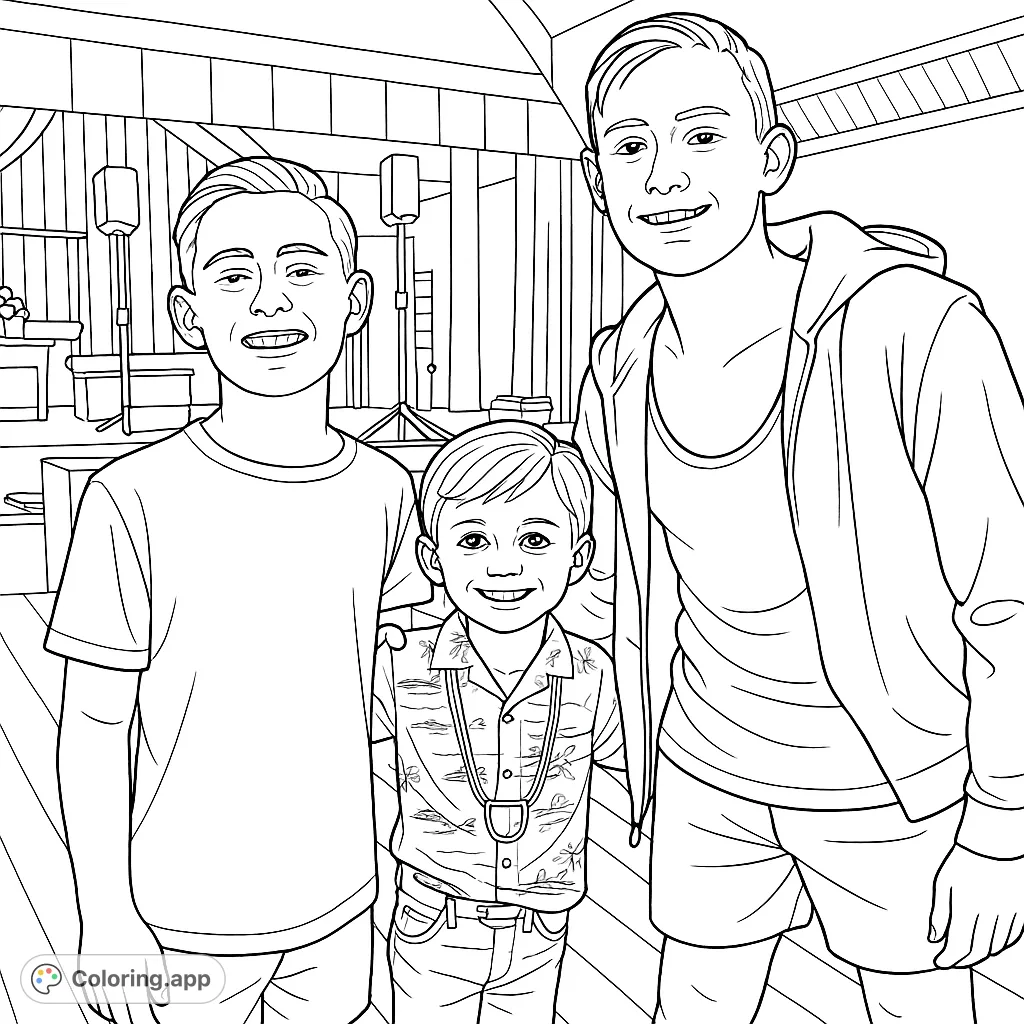 A heartwarming free printable coloring page featuring three smiling boys standing together, perfect for kids and family fun. Download this boys coloring page!