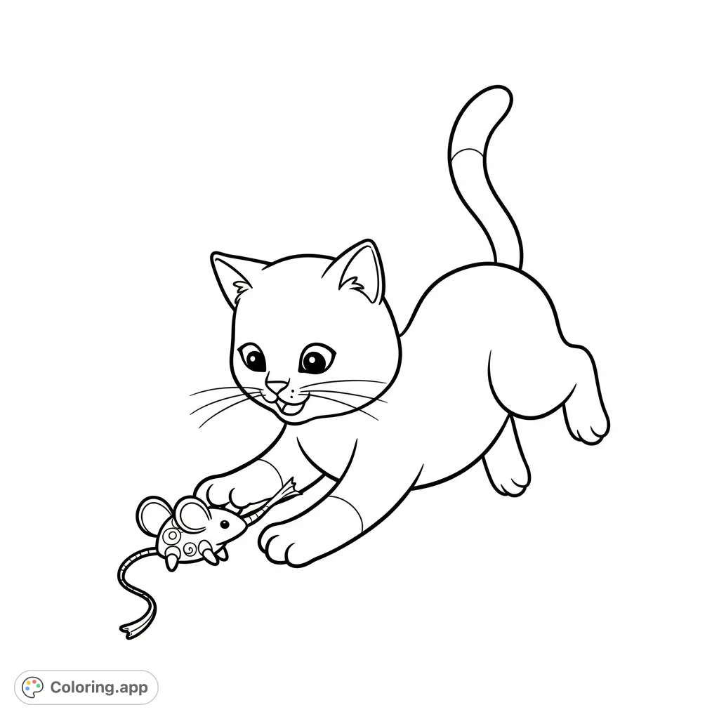 An adorable kitten pounces playfully on a toy mouse, perfect for a fun cat coloring page. Free printable for kids and adults!