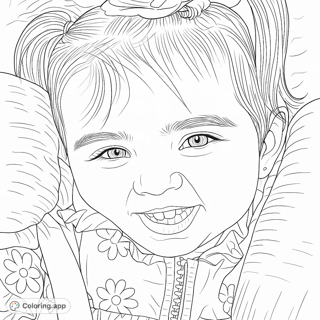 A delightful child portrait coloring page featuring a broadly smiling toddler with pigtails and a floral-patterned outfit, perfect for joyful coloring.