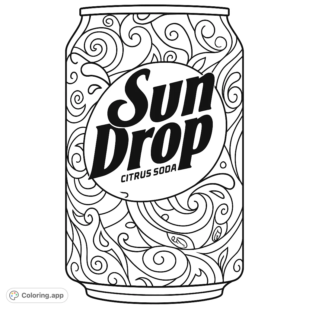 An intricate soda can coloring page featuring detailed organic swirls and a central blank label, perfect for creative expression. Free printable.