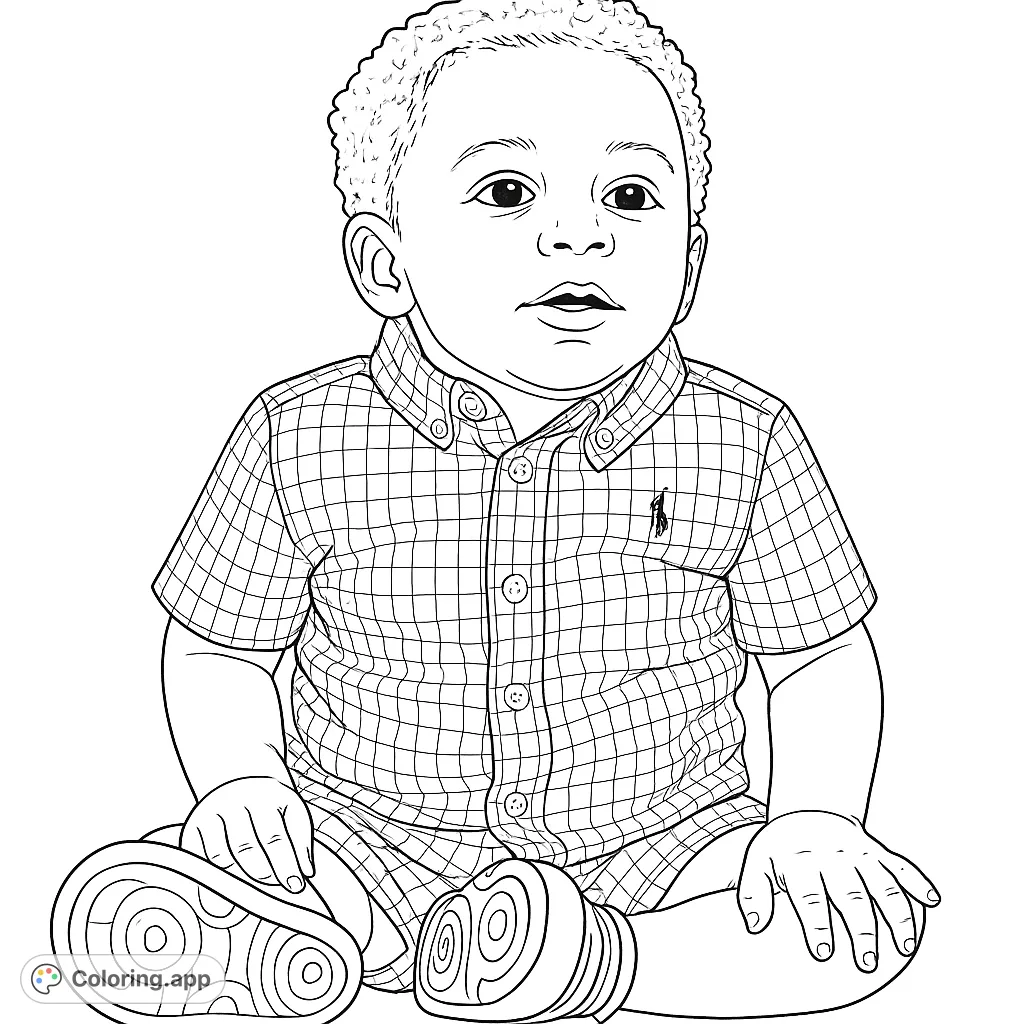 An adorable baby in a plaid shirt, perfect for a free printable baby coloring page. Features a cute expression and detailed clothing for fun coloring.
