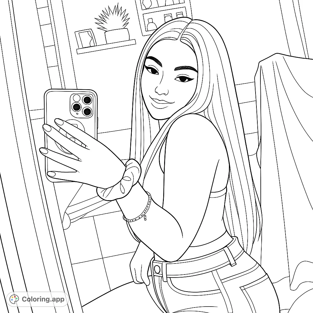 A stylish girl takes a mirror selfie, showcasing her trendy outfit and a modern phone. Perfect for fashion and tech enthusiasts to color.