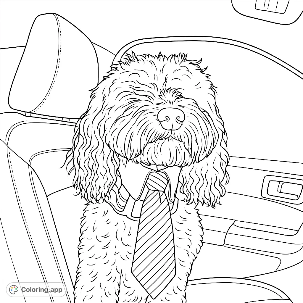 A charming fluffy dog in a car, sporting a stylish striped tie. Perfect for a fun, unique coloring experience for all ages.