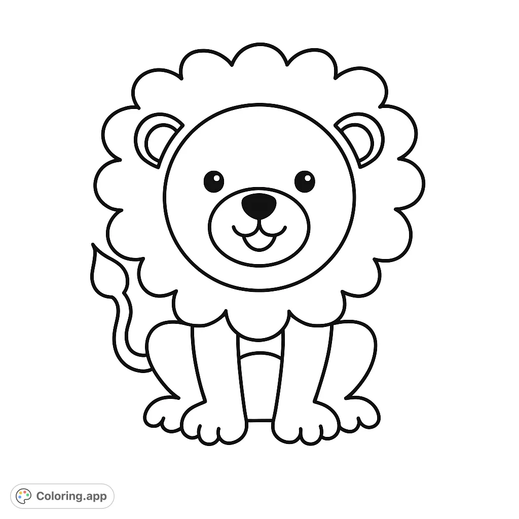 An adorable cartoon lion coloring page, perfect for young artists. Features a friendly sitting lion with a fluffy mane, ready for vibrant colors.