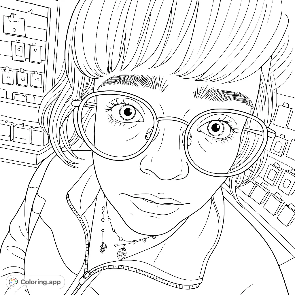 A captivating portrait coloring page featuring a person in large glasses, viewed from a unique low angle, perfect for expressive coloring.