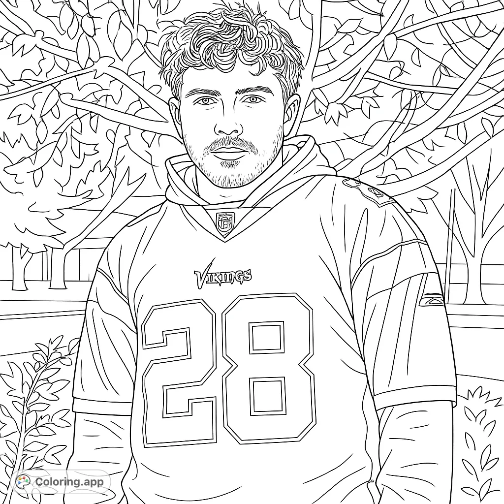 Color a dedicated football fan in a detailed jersey with 'Vikings' and '28', set against a natural outdoor background. Free printable sports coloring page.