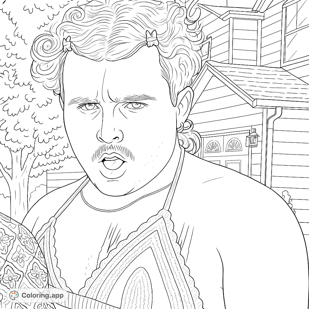 A unique character with curly hair, mustache, and bikini top in a suburban setting. A fun, free printable coloring page for all ages.