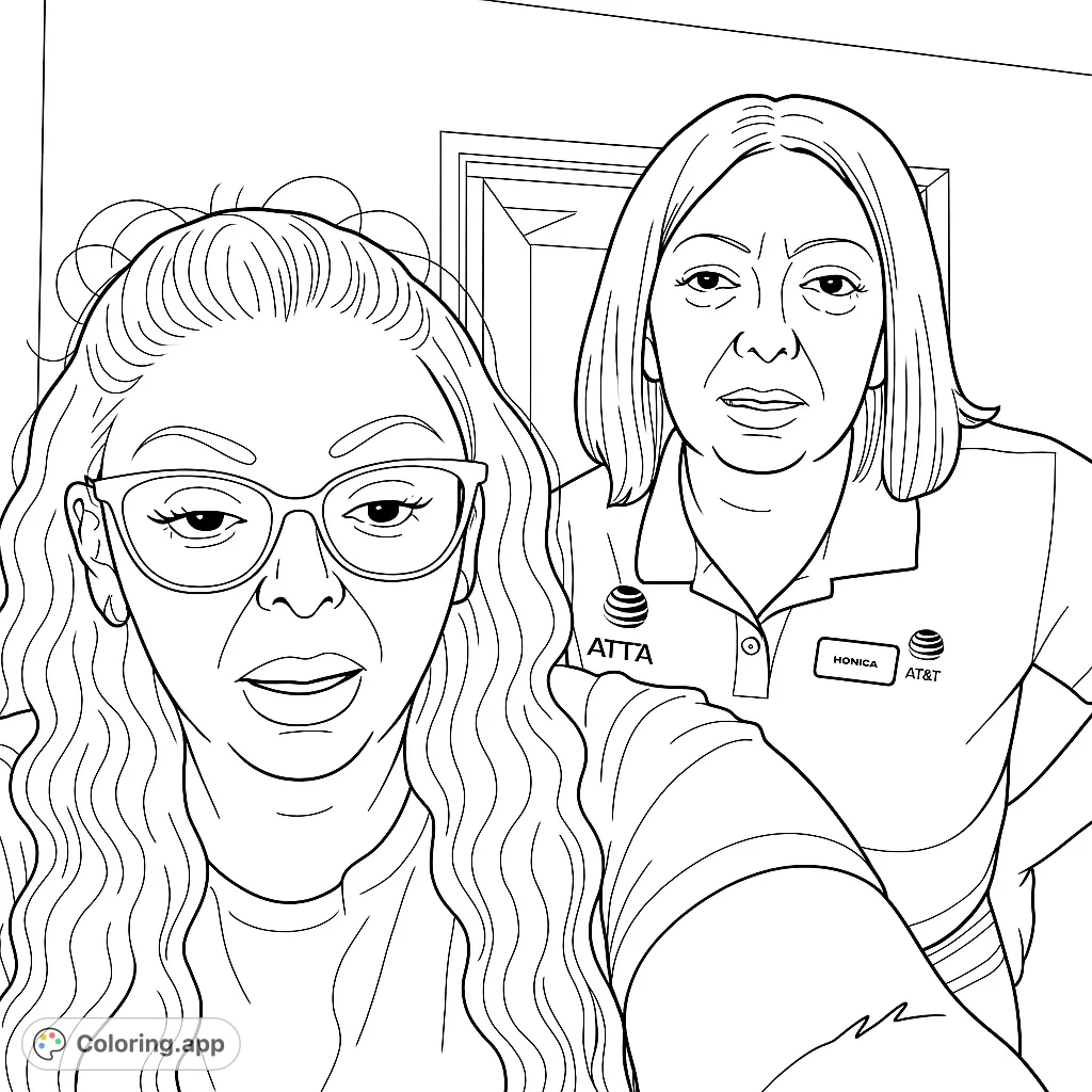 A dynamic selfie of two women, one with glasses and wavy hair, the other in a collared shirt, perfect for a friendship coloring page.