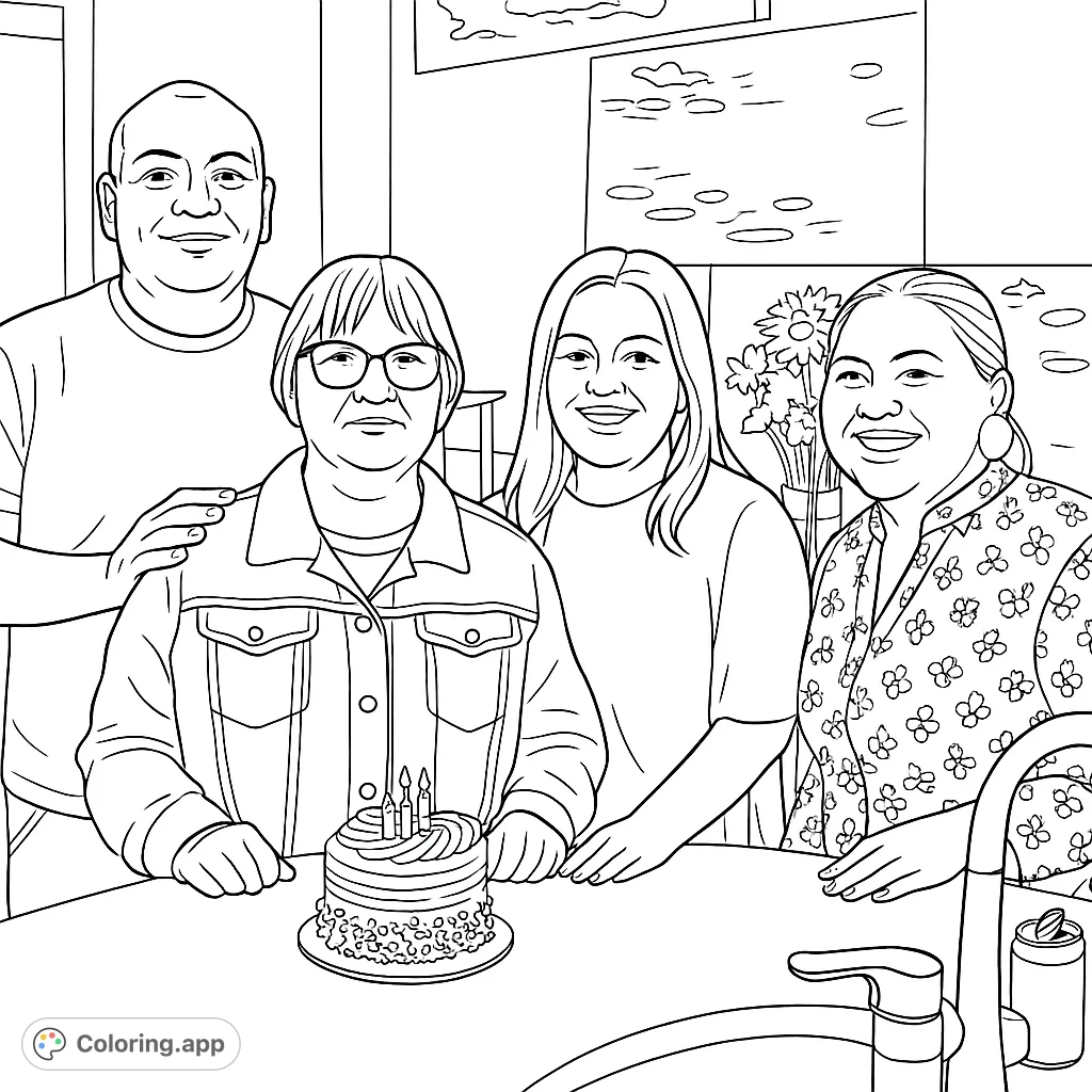 A heartwarming family birthday celebration coloring page featuring four smiling individuals, a cake with candles, and a festive atmosphere. Free printable coloring page for all ages.