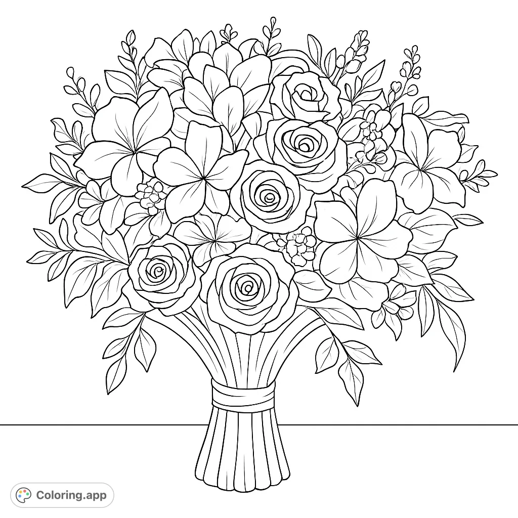 A beautiful floral bouquet coloring page featuring roses, various blossoms, and lush leaves, perfect for a relaxing creative escape.