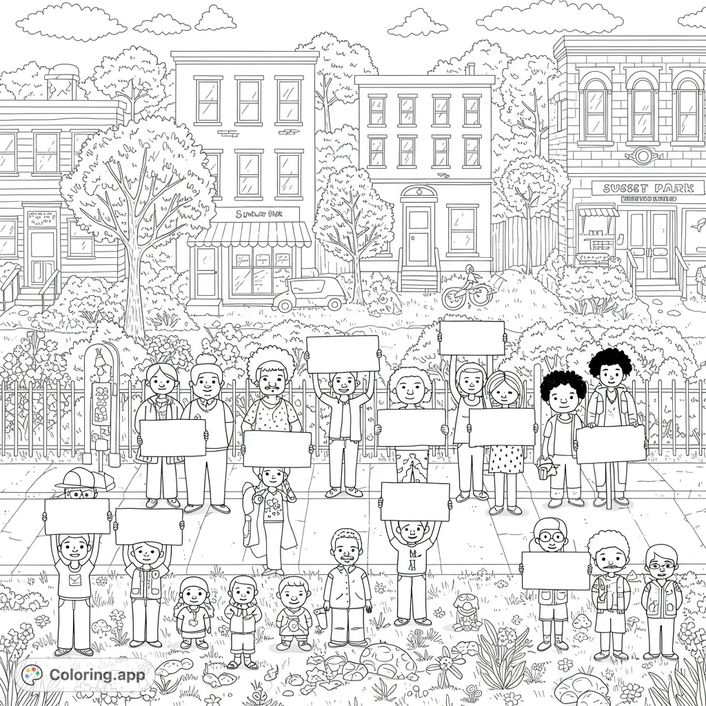 A vibrant community protest coloring page featuring diverse adults and children holding blank signs in a lively street scene with buildings and lush greenery.