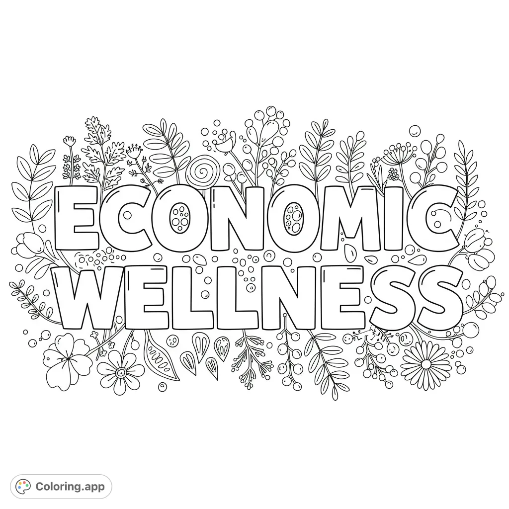 A free printable Economic Wellness coloring page featuring bold text framed by intricate botanical elements. Perfect for mindful coloring.