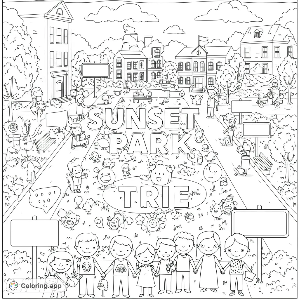 Explore a vibrant park scene with happy children, whimsical characters, and charming town buildings. A delightful free printable coloring page for all ages.