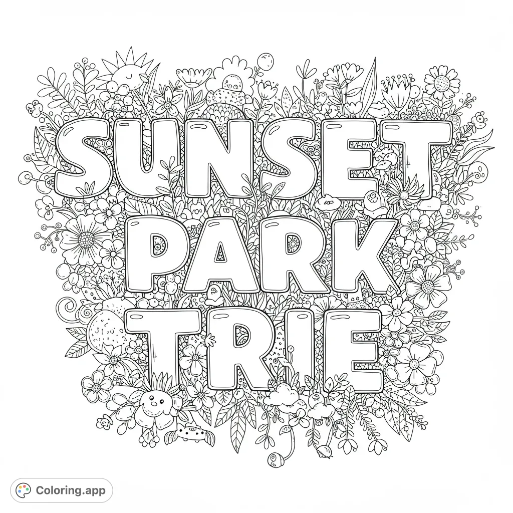 A delightful "Sunset Park Trie" coloring page, featuring bold bubble letters nestled within a whimsical garden of intricate flowers, leaves, and charming doodle elements.