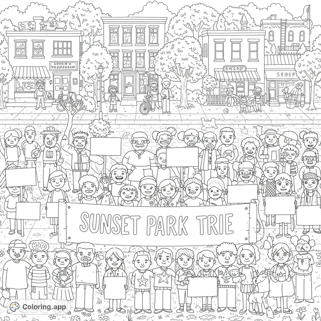 A bustling community gathering coloring page featuring diverse adults and children holding signs and a banner against a city street background.