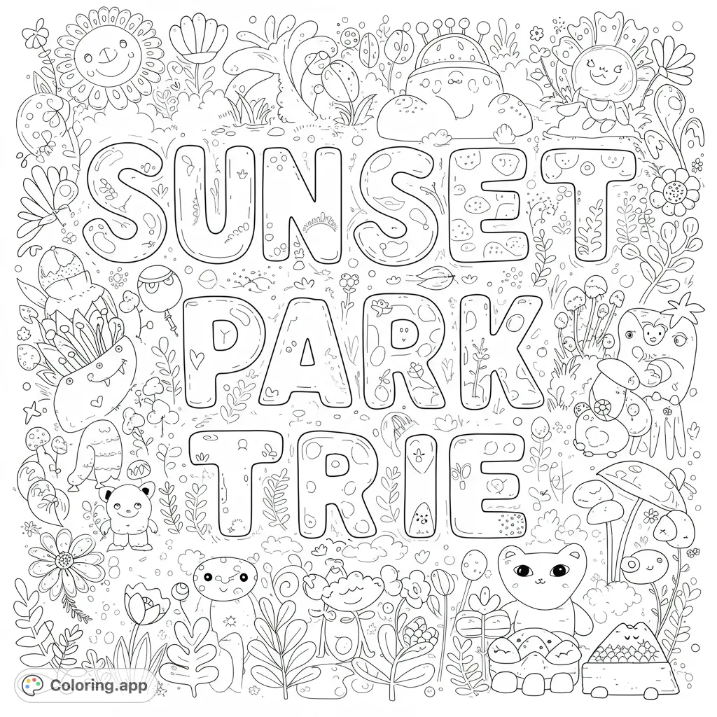 A charming doodle-style coloring page featuring cute, whimsical creatures, playful plants, and the central phrase "SUNSET PARK TRIE" for imaginative coloring.