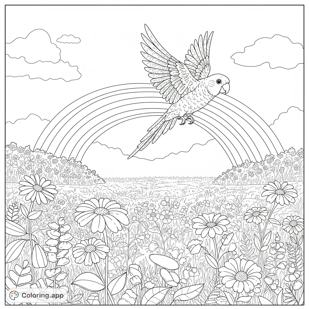 A vibrant nature scene featuring a parrot in flight over a field of detailed flowers and a rainbow. Perfect for a relaxing coloring experience.