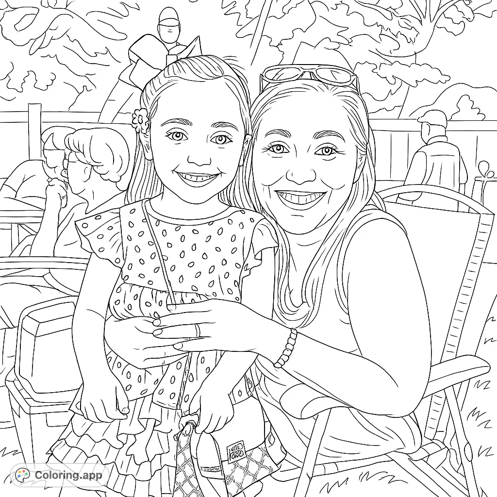 A heartwarming family portrait featuring a smiling mother and daughter embracing outdoors. A free printable family portrait coloring page.