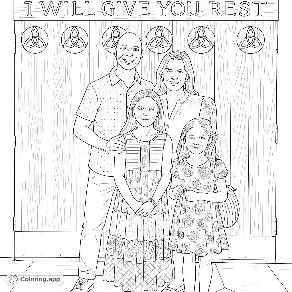 A heartwarming family portrait with parents and two daughters, standing before a detailed wooden door adorned with intricate Celtic knots.
