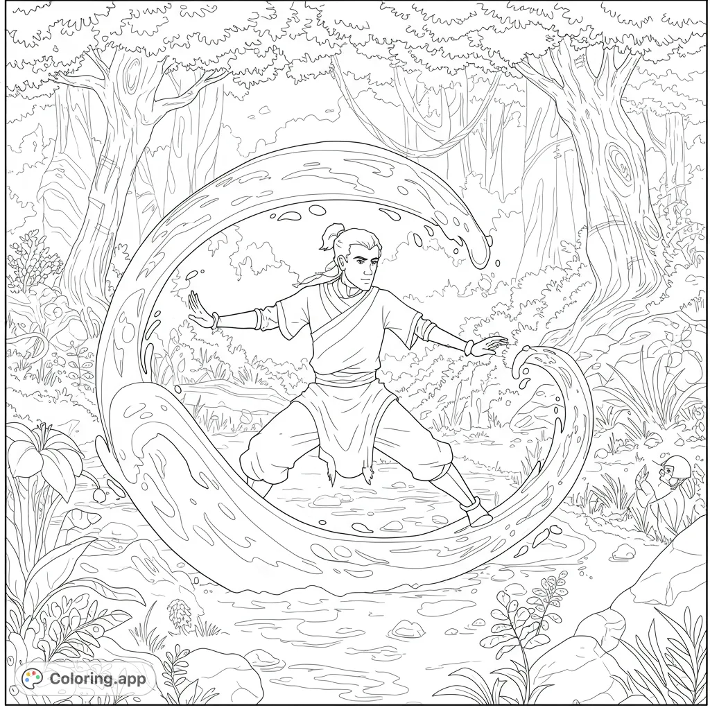 Dynamic water bender in a lush jungle, surrounded by a swirling water vortex. A detailed, free printable fantasy coloring page for all ages.
