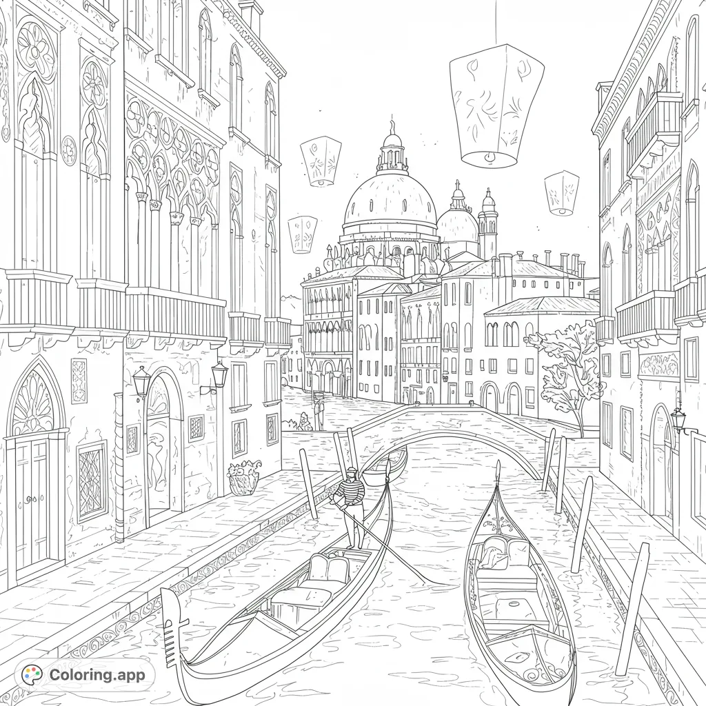 Explore a charming Venetian canal with gondolas, ornate buildings, a distant domed church, and floating lanterns, perfect for a relaxing coloring escape.