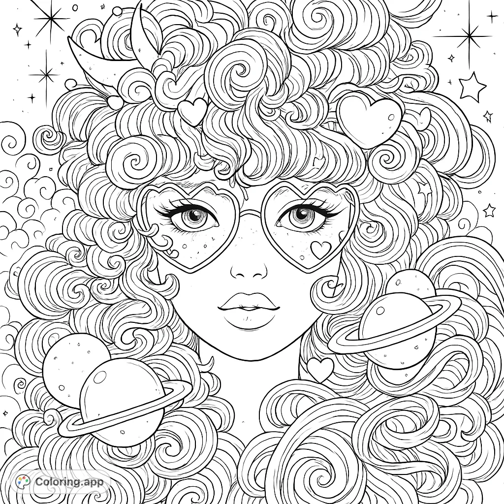 A captivating celestial girl coloring page featuring a whimsical character with intricate curly hair, heart-shaped glasses, and cosmic elements. Free printable coloring page for all ages.