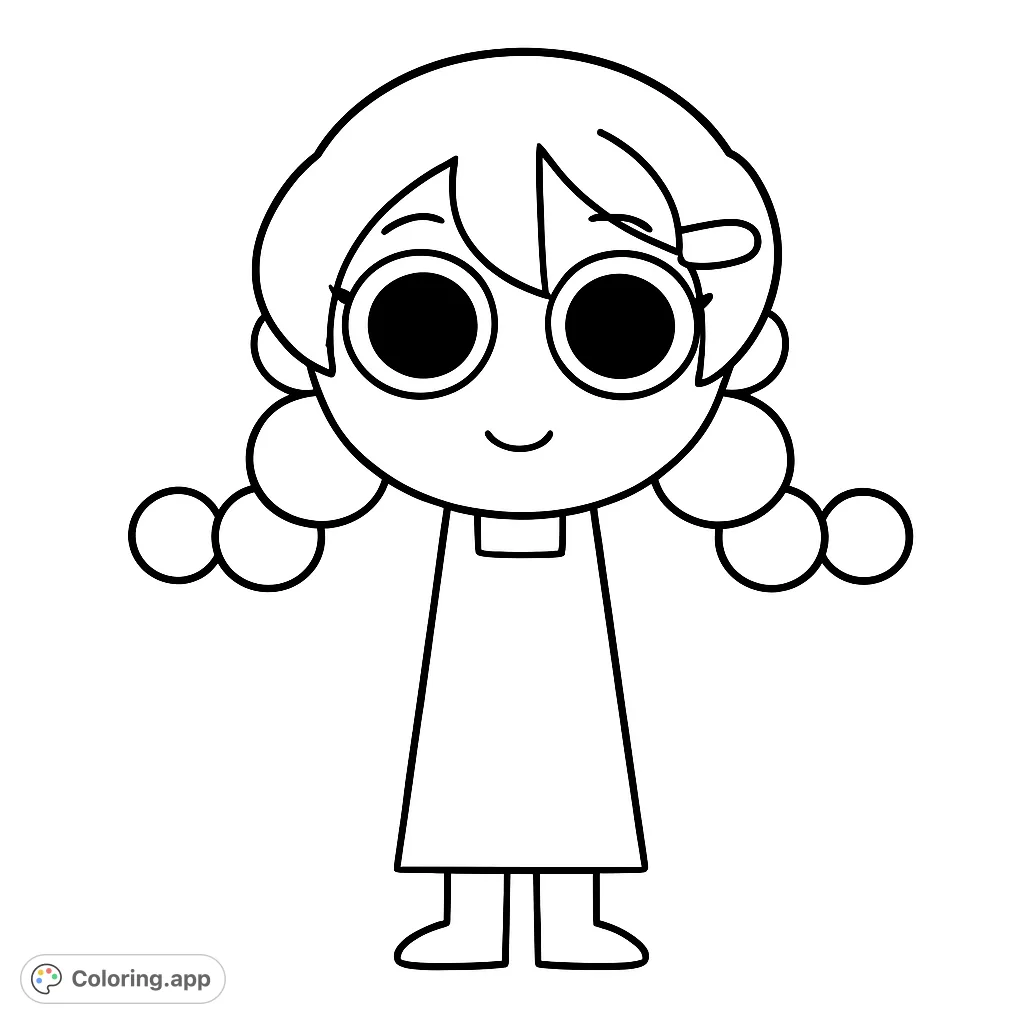 A charming cartoon girl with big eyes and pigtails, perfect for a free printable coloring page. Simple lines make it ideal for young artists.