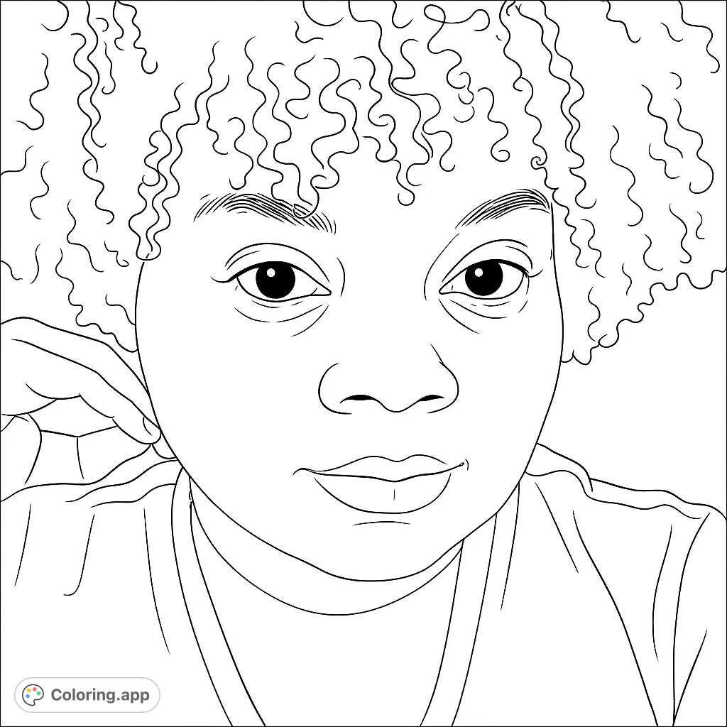 A captivating portrait of a person with beautiful curly hair, perfect for expressive coloring. Features distinct eyes and a gentle hand gesture.