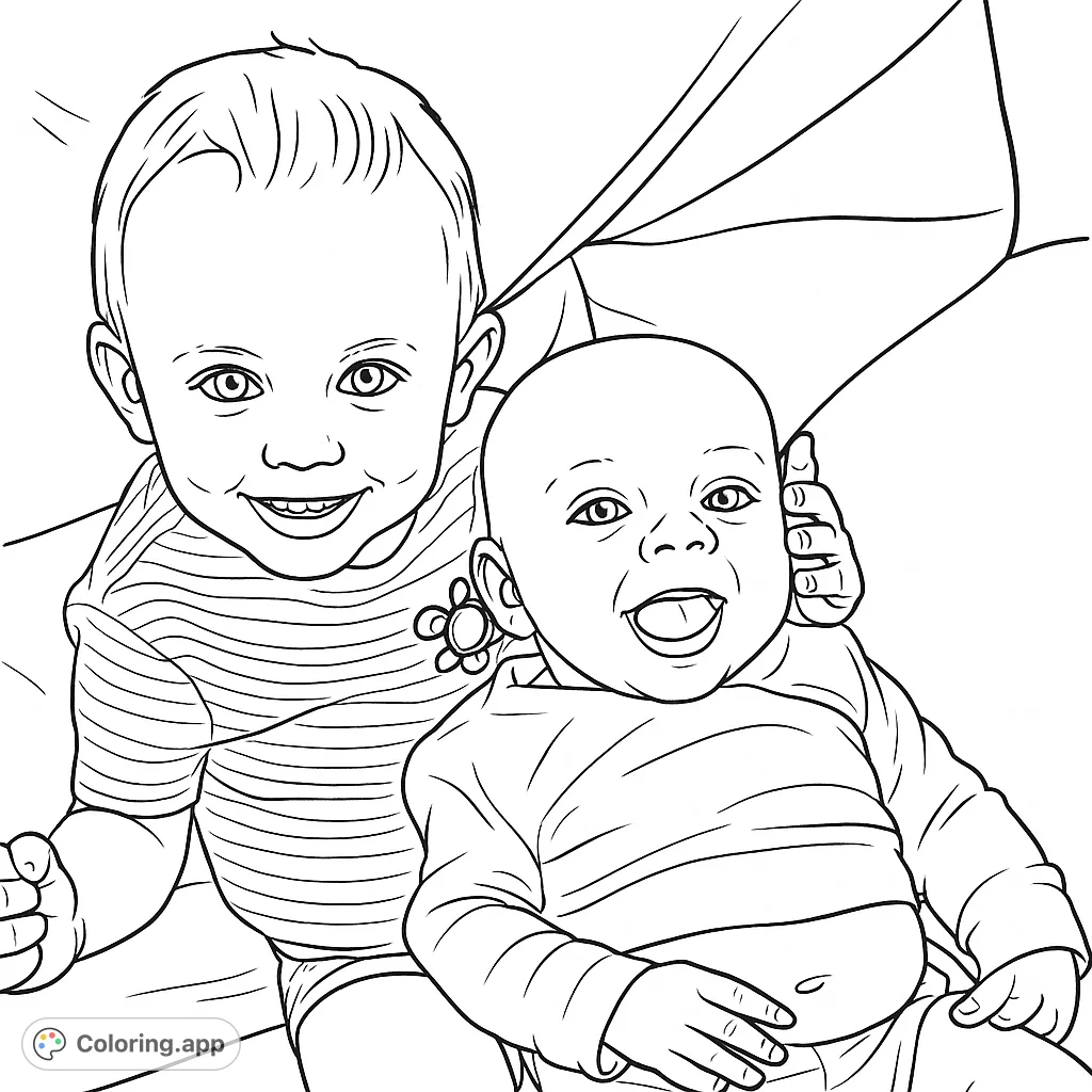 Capture the heartwarming bond of two smiling babies in this adorable line art. A free printable baby coloring page perfect for all ages.