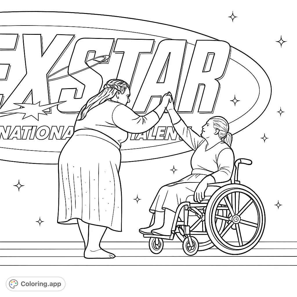 Celebrate talent and unity! Two women, one in a wheelchair, share a triumphant moment on stage before a grand 'EYXSTAR' sign. A free printable inclusivity coloring page.