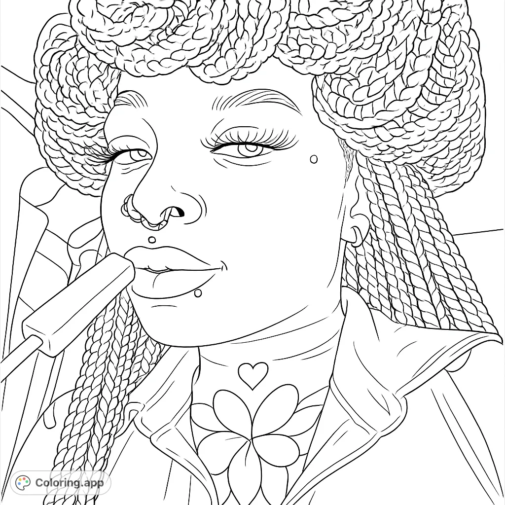 Detailed portrait of a person with intricate braids, facial piercings, and a floral neck tattoo, perfect for creative coloring.