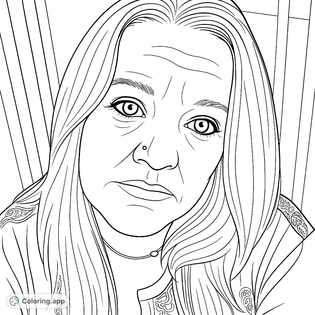 Detailed portrait of a woman with long hair, expressive eyes, and intricate patterned clothing. A free printable coloring page for adults.