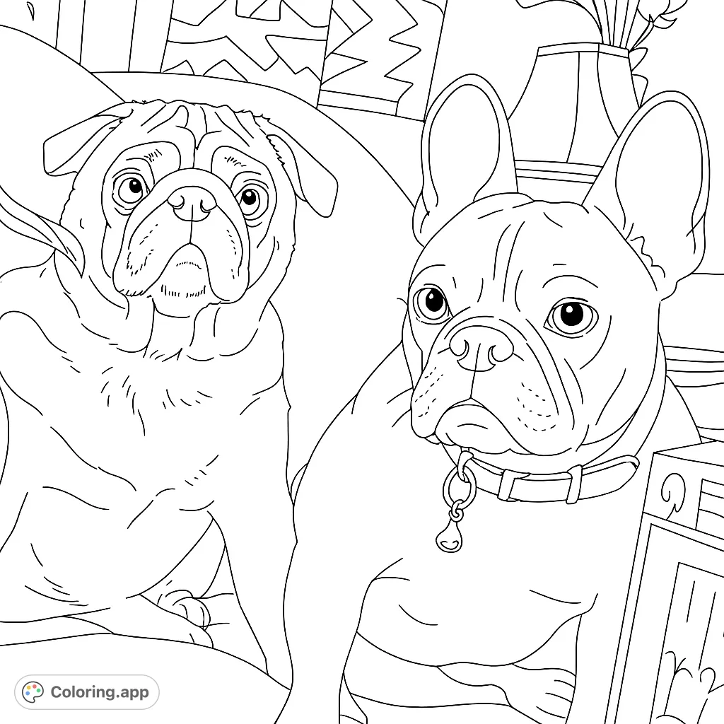 An adorable pug and French bulldog duo await your creative touch. A free printable dog coloring page for pet lovers of all ages.