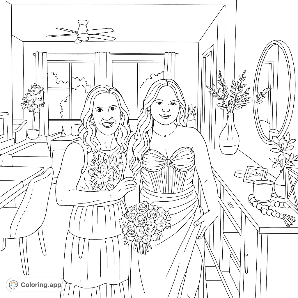 A beautiful wedding day scene featuring two smiling women, one in a detailed wedding gown holding a rose bouquet, set in a cozy room.