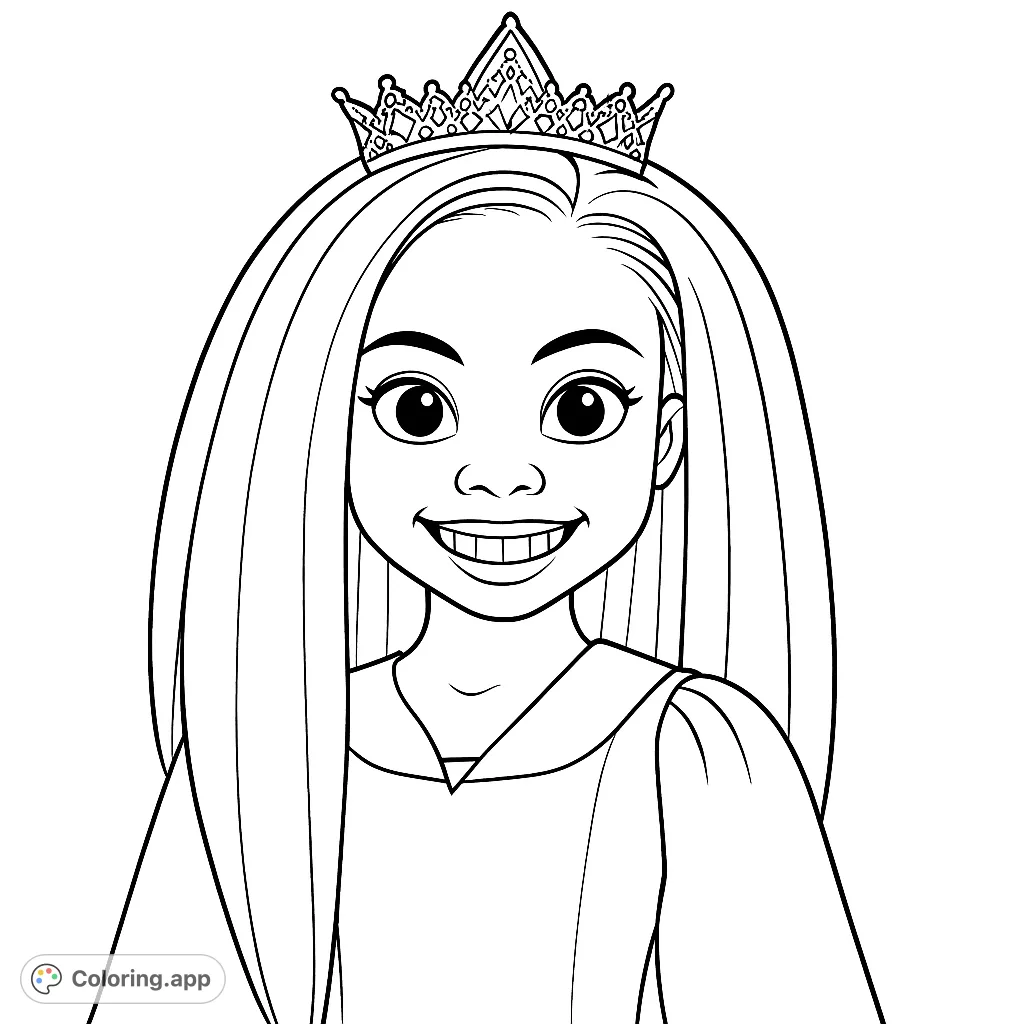 A delightful princess coloring page featuring a smiling girl with a detailed crown and long hair, perfect for creative fun and imaginative play.