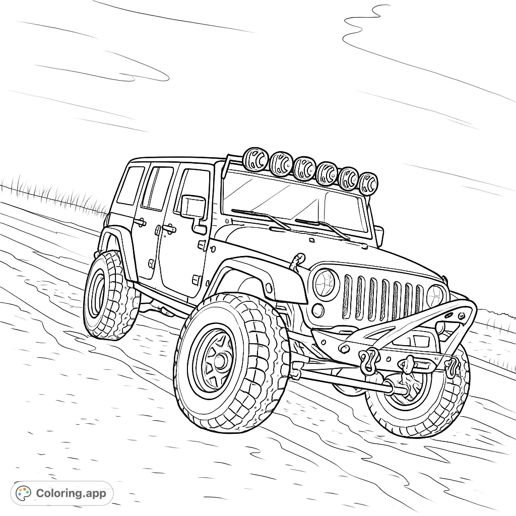 Conquer the trails with this detailed off-road vehicle coloring page. Features a rugged 4x4 on a dirt path, perfect for adventure enthusiasts.