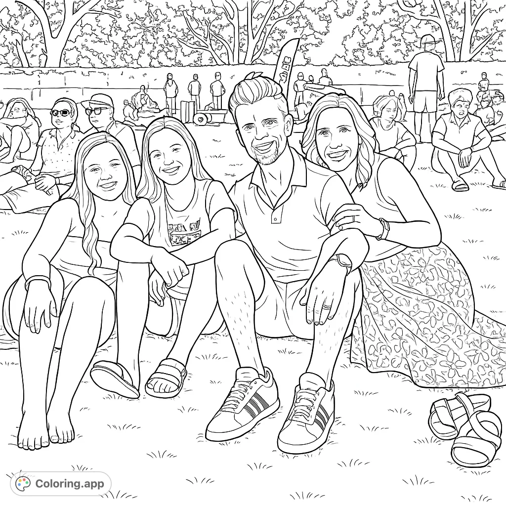 A joyful family of four enjoys a sunny day outdoors, sitting on grass with a park background. Perfect for a relaxing coloring experience.