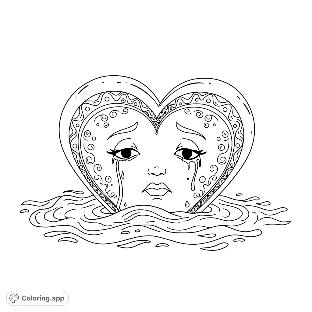 An emotional heart coloring page featuring a crying face, intricate patterns, and stylized tears, perfect for expressing feelings.