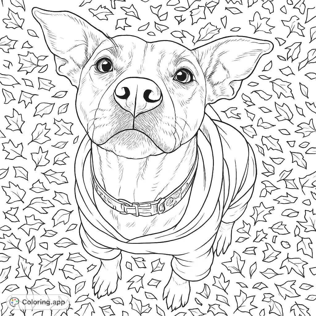 A charming autumn dog coloring page featuring a sweet pup in a cozy sweater surrounded by scattered fall leaves. Perfect for pet lovers!