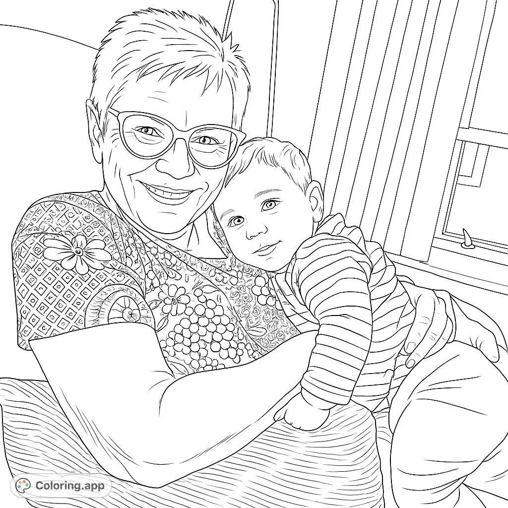 A heartwarming scene of a smiling grandmother holding a sweet baby, perfect for a family-themed coloring page.