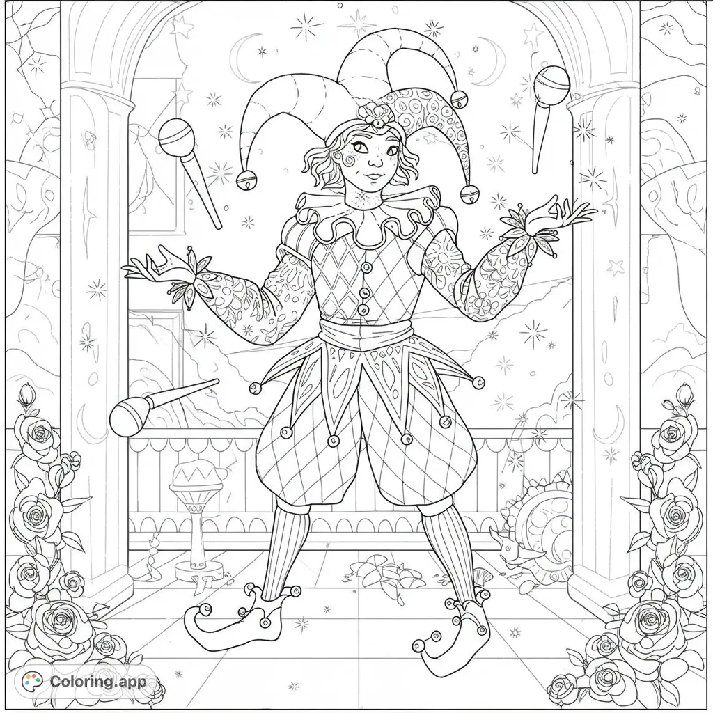 An intricate court jester coloring page featuring a playful jester in a patterned costume, juggling under a sky filled with stars and celestial elements.