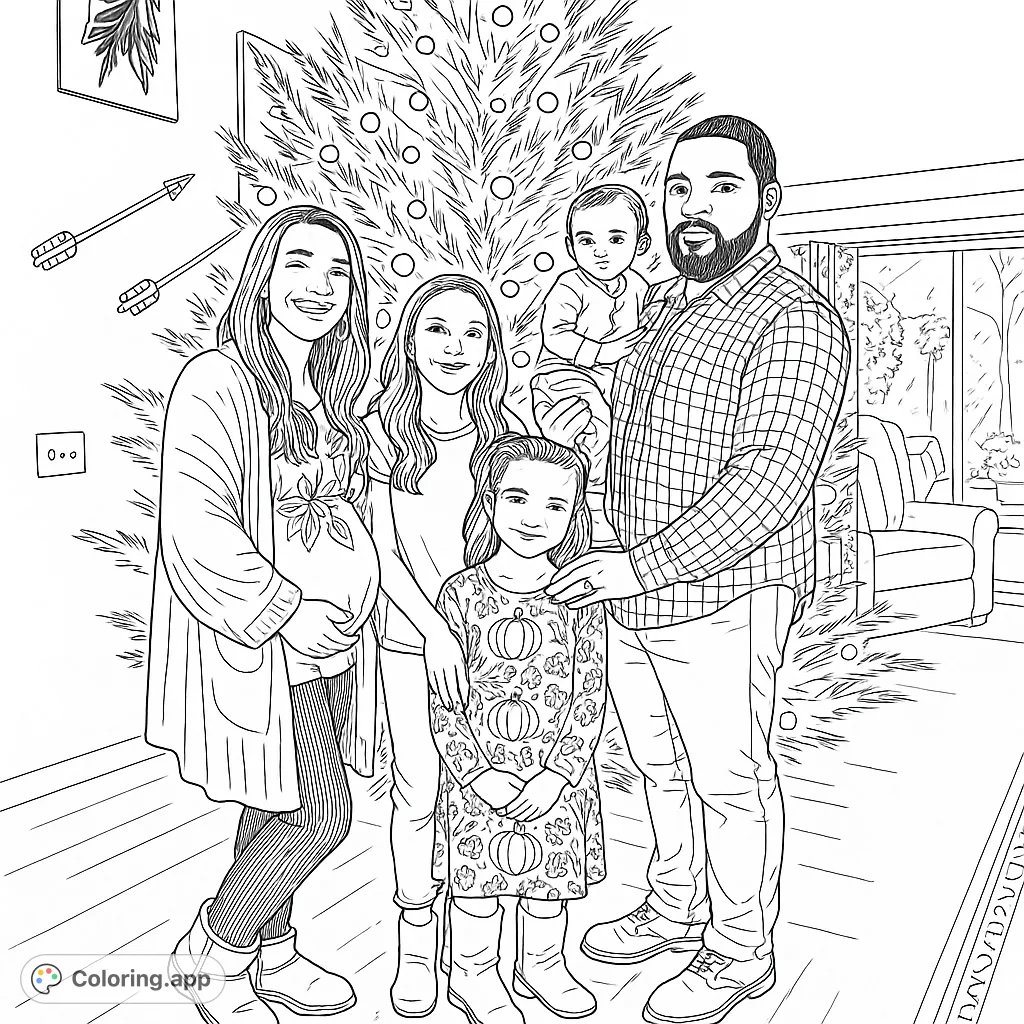 A heartwarming family portrait in front of a festive Christmas tree, perfect for holiday coloring fun. Celebrate the season with this free printable coloring page!