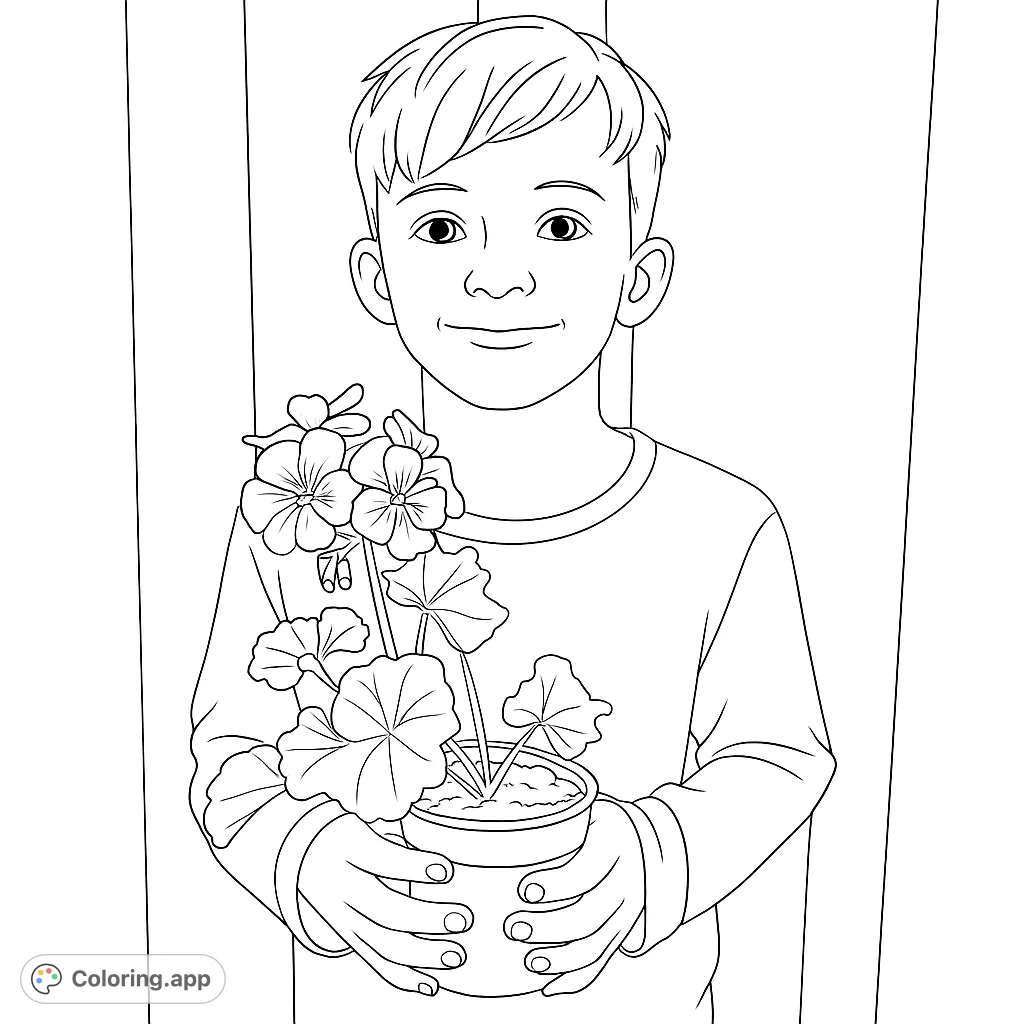 A cheerful boy holds a potted plant with blooming flowers, perfect for a delightful gardening coloring page. Free printable for all ages!