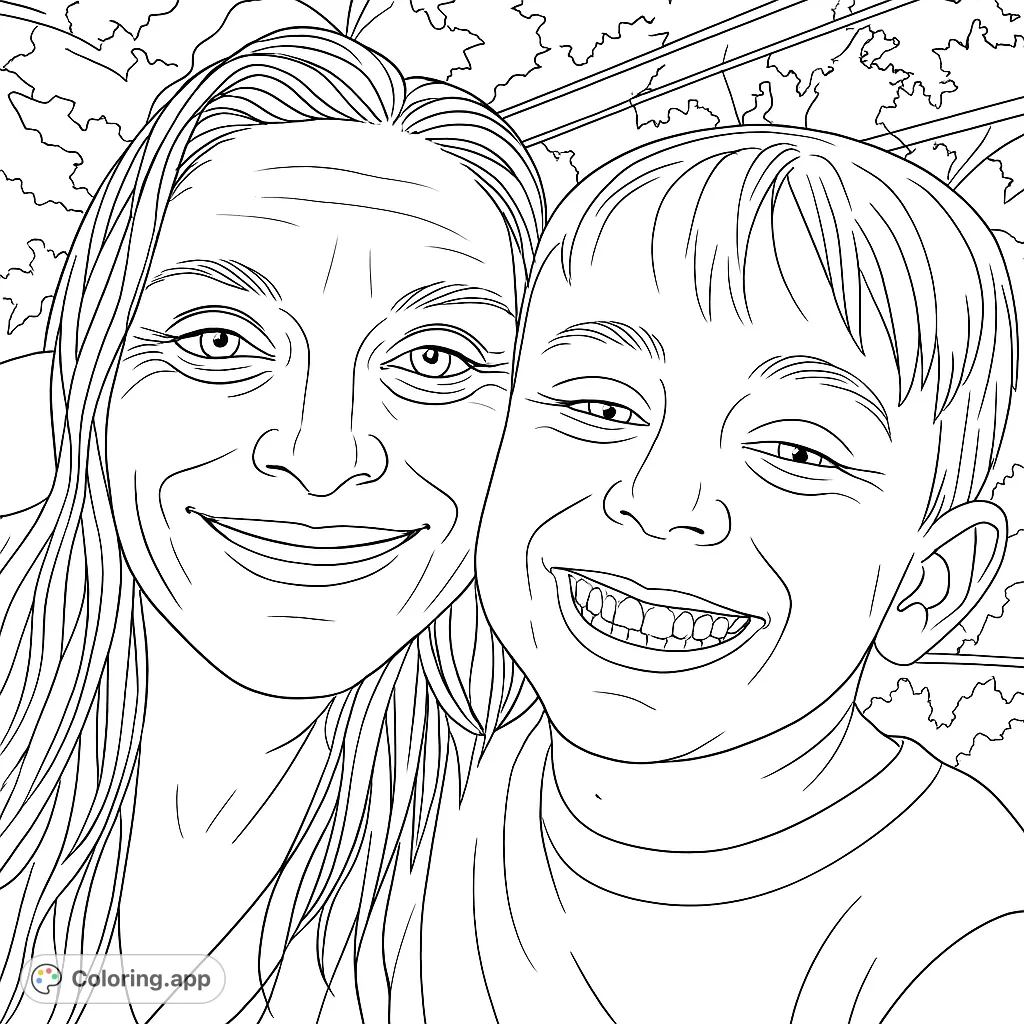 A heartwarming coloring page featuring a smiling woman and young boy, capturing a moment of joy and connection in a close-up family portrait.