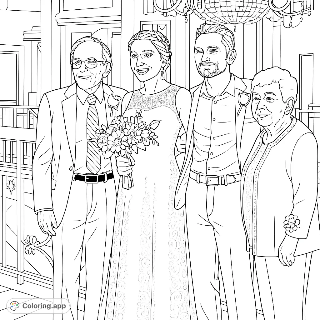Celebrate love with this wedding family portrait coloring page. Features a bride, groom, and their parents in an elegant setting, perfect for all ages.