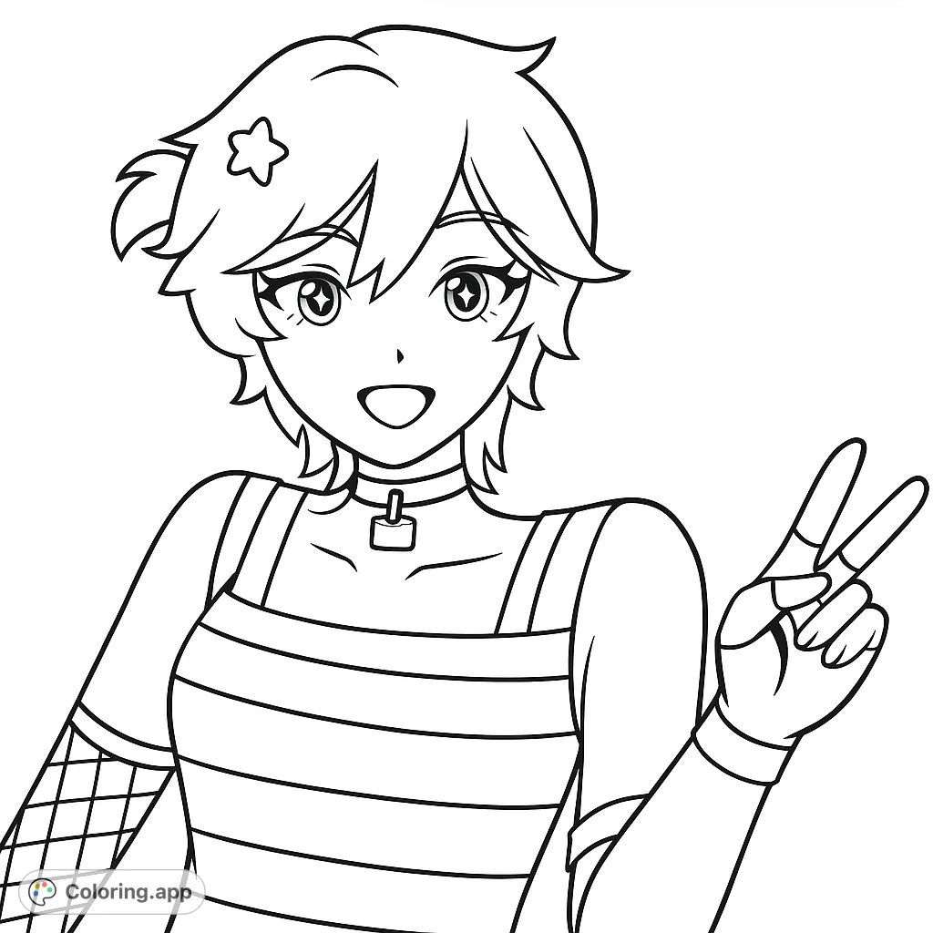 An expressive anime character making a peace sign, perfect for an anime coloring page. Free printable coloring page for kids and adults, featuring a cute character.