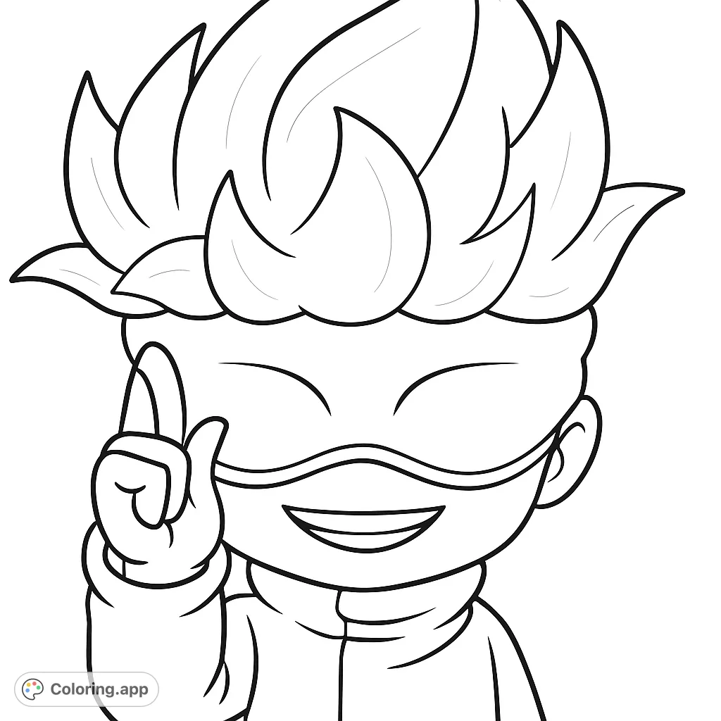 A delightful chibi character with spiky hair and a mask, smiling brightly and pointing upwards. A fun, free printable chibi character coloring page for all ages!