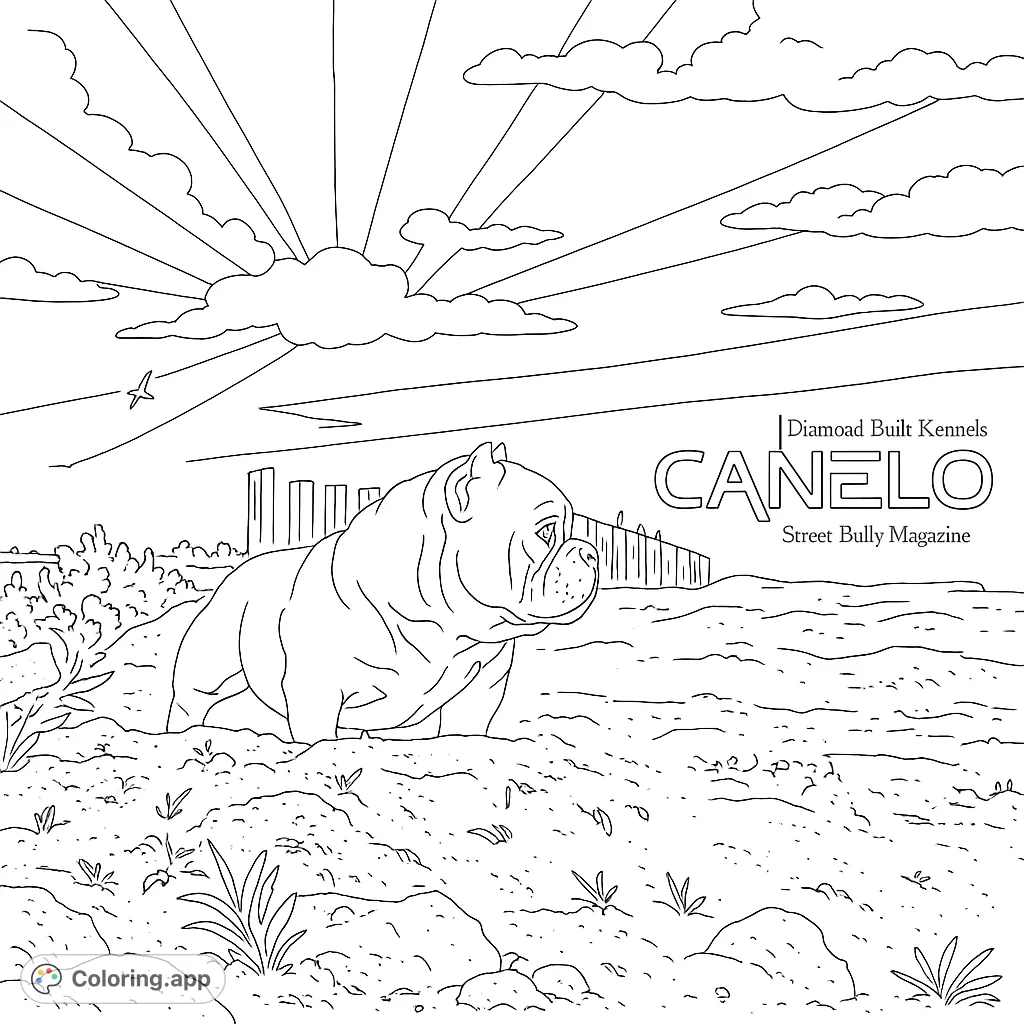 A powerful American Bully dog stands proudly in a rugged landscape with a city skyline and dramatic sunburst sky, ready for coloring.