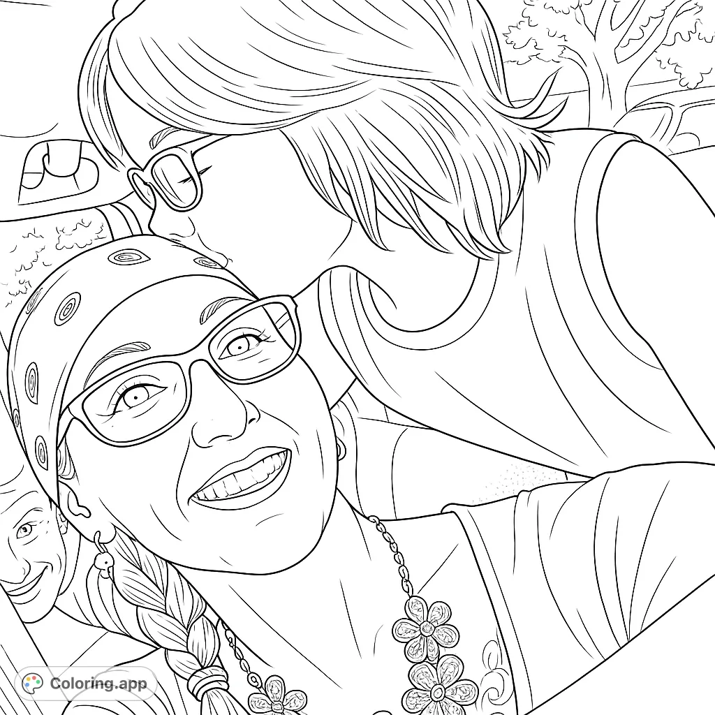 A heartwarming free printable coloring page featuring two women sharing a tender moment, perfect for expressing love and friendship. Ideal for all ages.