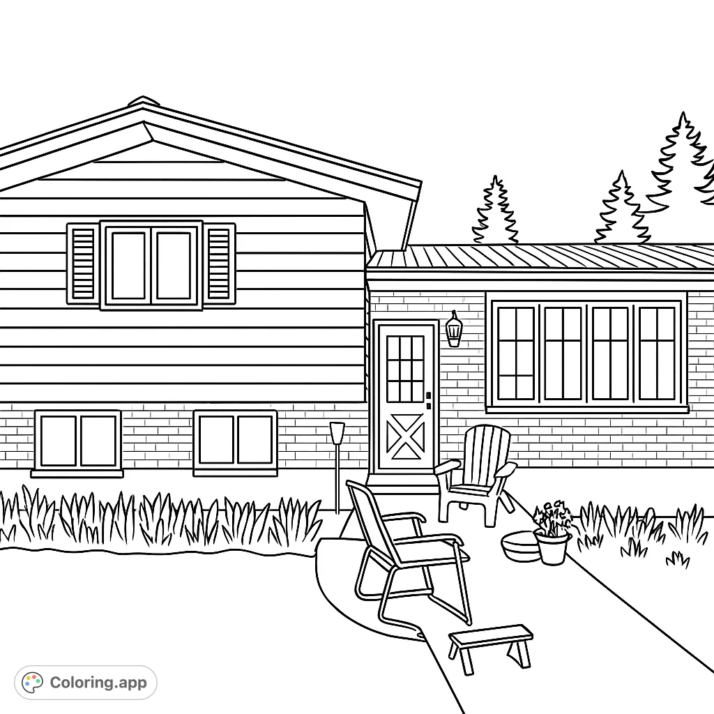 A charming suburban home with a welcoming patio, complete with chairs, a fire pit, and lush landscaping. A free printable home coloring page.